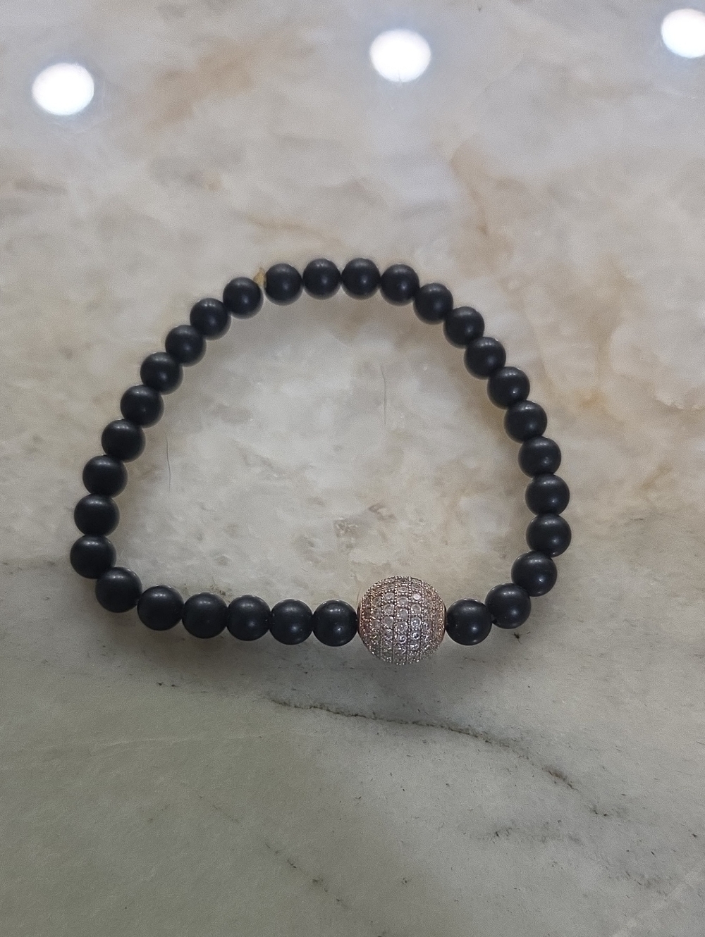 Black Onyc Beaded Stretch Power Bracelet w/ Pave Accent Bead